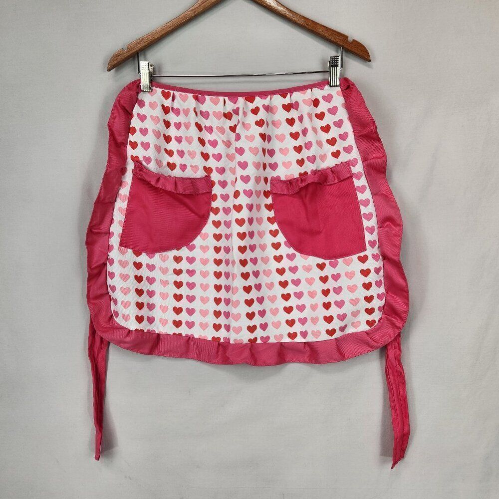 Half Apron Pink Hearts Ruffles Pockets Cooking Kitchen Valentines Baking Cottage